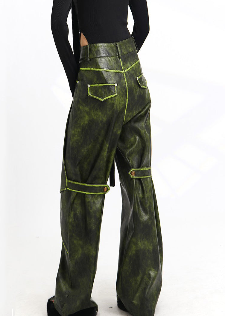French Green Pockets High Waist Faux Leather Pants Spring As1011