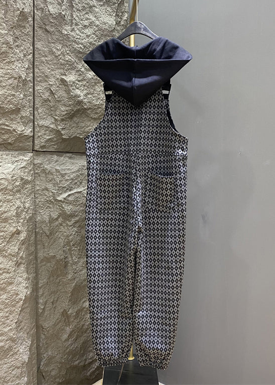 French Grey Hooded Print Pockets Cotton Jumpsuits Summer Kk012
