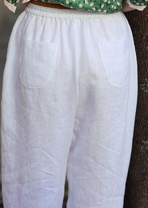 French White Pockets Patchwork Elastic Waist Cotton Straight Pants Summer Ly0586