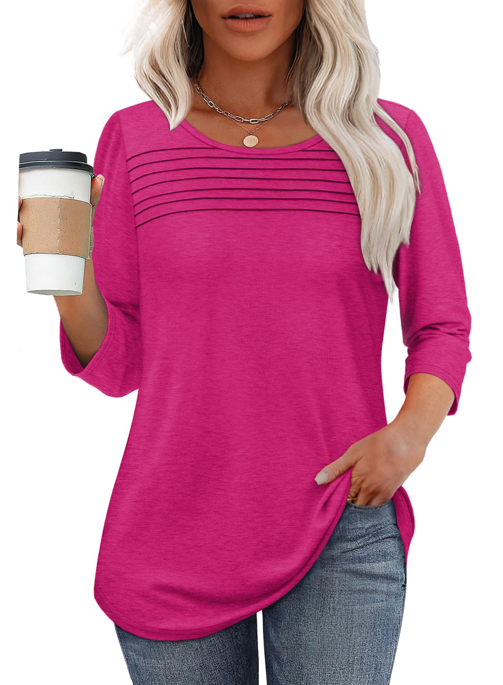 3/4 Length Sleeve Top Pleated Front T-shirt