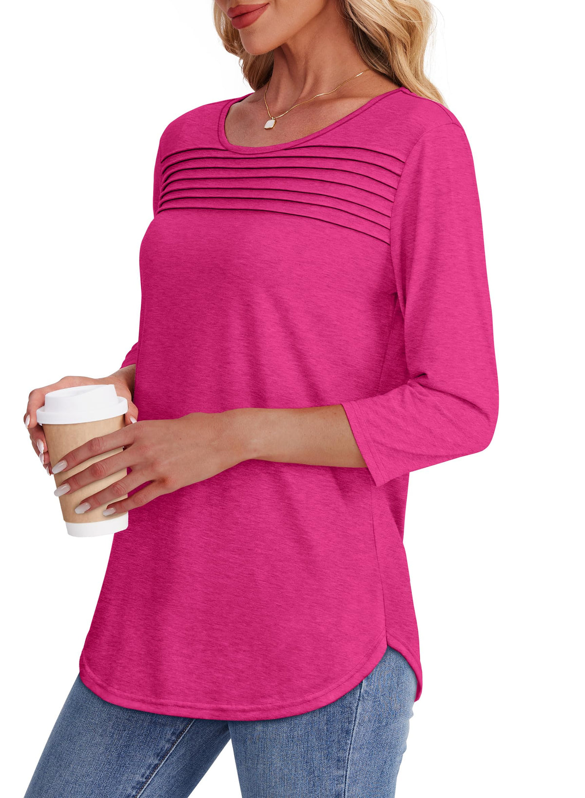 3/4 Length Sleeve Top Pleated Front T-shirt