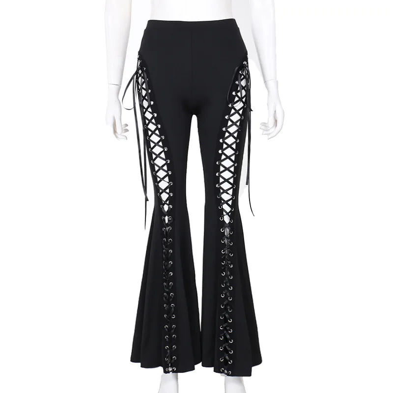 Goth Dark Grunge Black Bandage Pants Hollow Flare Pants