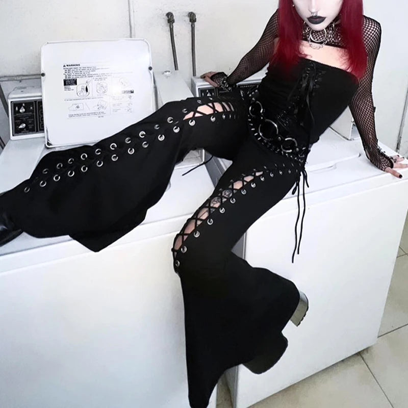 Goth Dark Grunge Black Bandage Pants Hollow Flare Pants