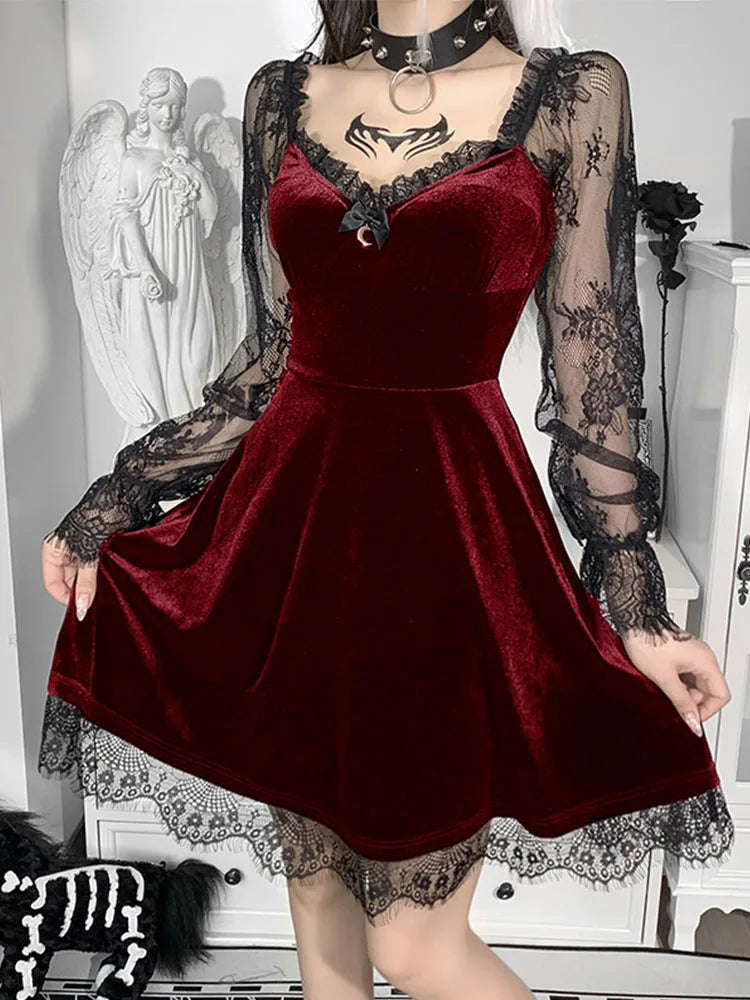 Gothic Lolita Girl Lace Trim Velvet A-line Dress Perspective Long Sleeve V Neck Slim Mini Dress Cosplay Party Costume