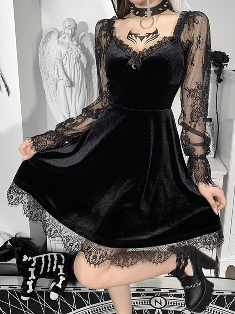Gothic Lolita Girl Lace Trim Velvet A-line Dress Perspective Long Sleeve V Neck Slim Mini Dress Cosplay Party Costume