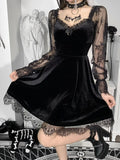 Gothic Lolita Girl Lace Trim Velvet A-line Dress Perspective Long Sleeve V Neck Slim Mini Dress Cosplay Party Costume