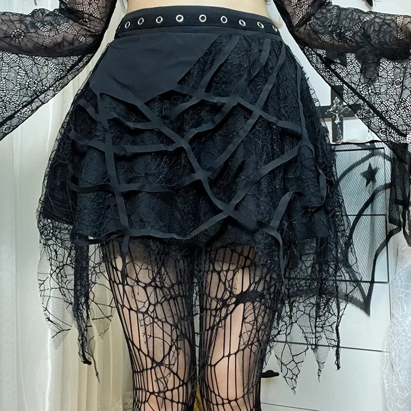 Gothic Mini Y2k Harajuku Spider Web Patchwork Lace Tassel Dark Academy Street Woman With Belt Fairy Grunge Skirt