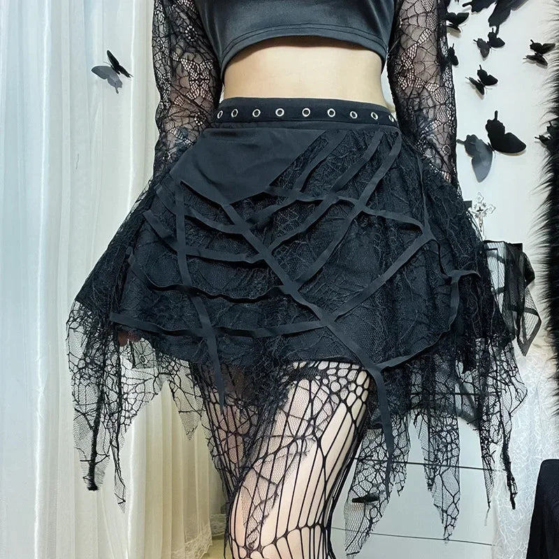 Gothic Mini Y2k Harajuku Spider Web Patchwork Lace Tassel Dark Academy Street Woman With Belt Fairy Grunge Skirt