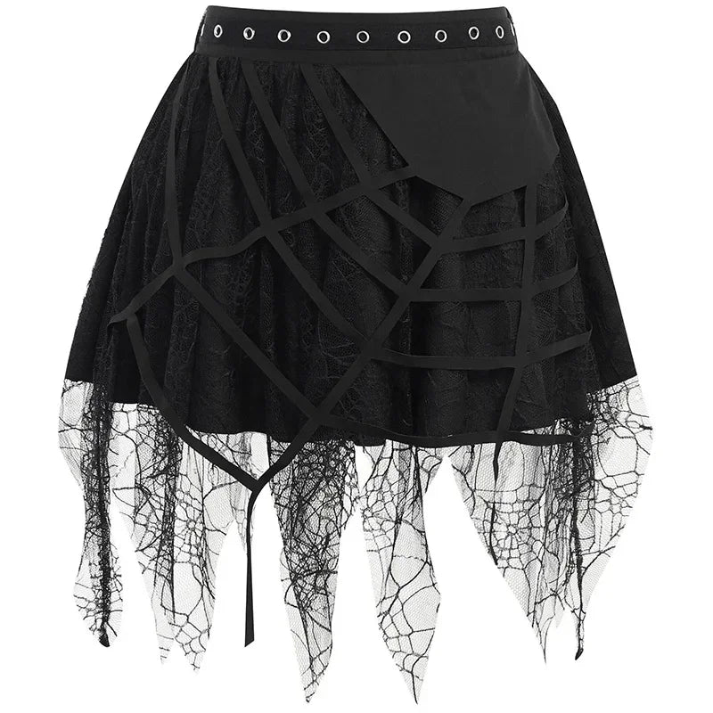 Gothic Mini Y2k Harajuku Spider Web Patchwork Lace Tassel Dark Academy Street Woman With Belt Fairy Grunge Skirt
