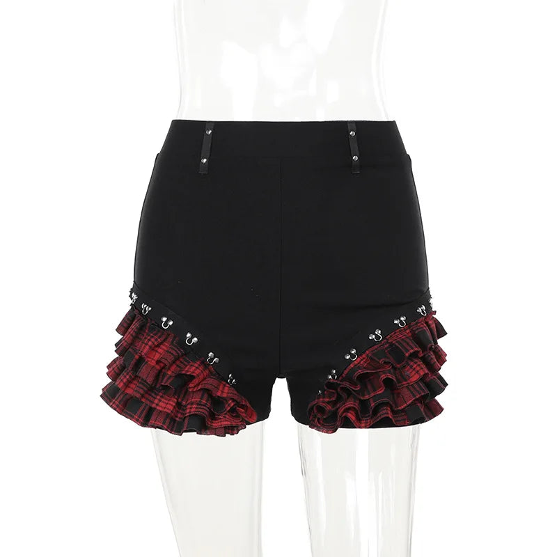 Gothic Summer Landmine Series Plaid Patchwork Shorts Spicy Girl Halter Waist-cinch Y2k Vest Skirt