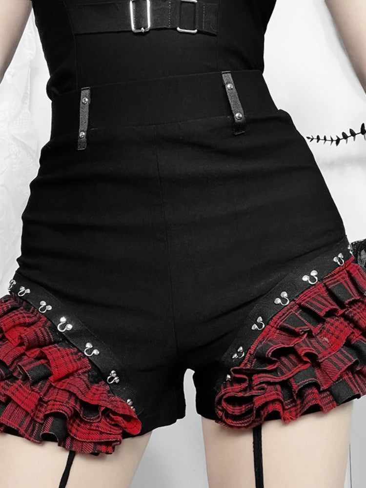 Gothic Summer Landmine Series Plaid Patchwork Shorts Spicy Girl Halter Waist-cinch Y2k Vest Skirt