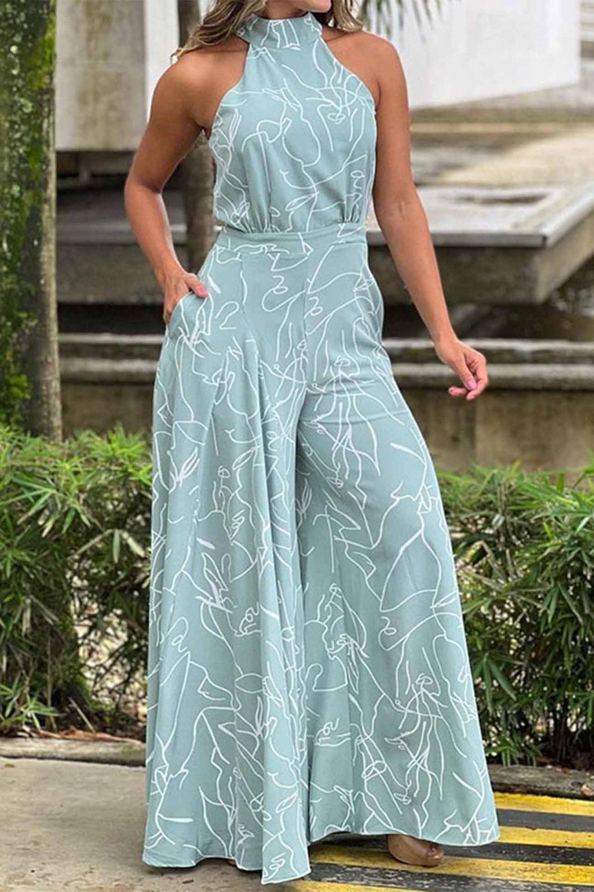 Graffiti Halterneck Sleeveless Wide Leg Jumpsuit