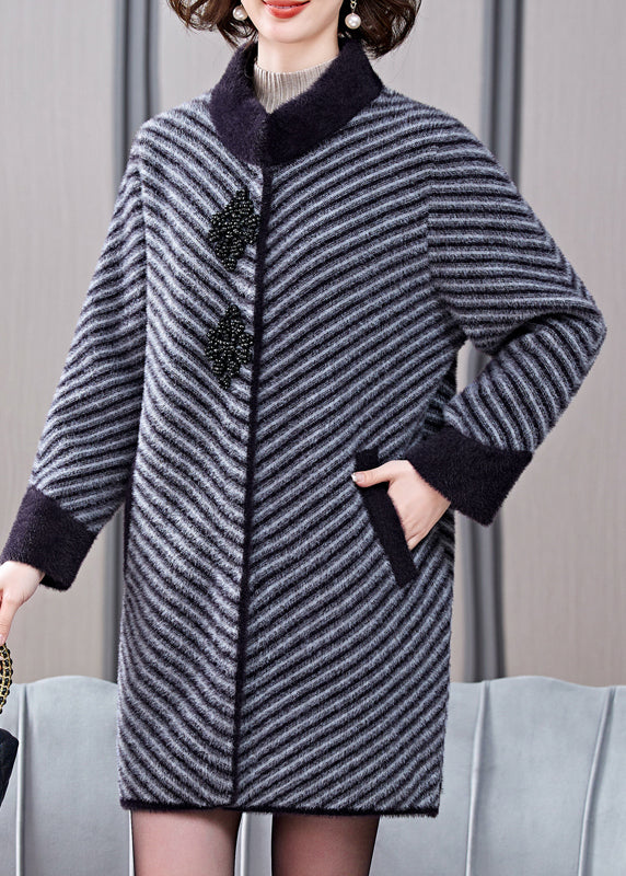 Grey Thick Mink Velvet Coat Patchwork Pockets Spring Ta019