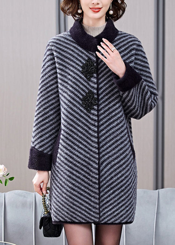Grey Thick Mink Velvet Coat Patchwork Pockets Spring Ta019