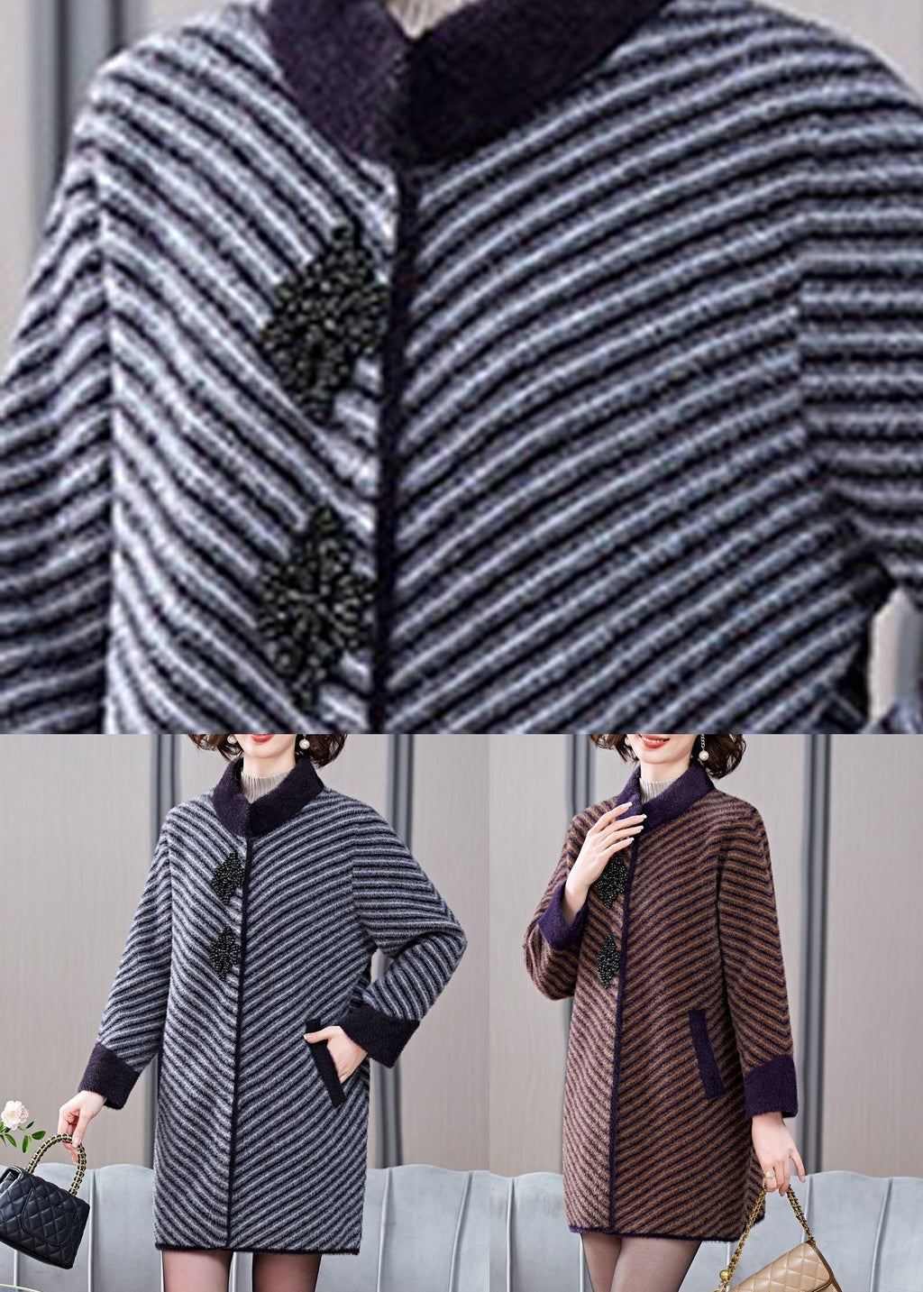 Grey Thick Mink Velvet Coat Patchwork Pockets Spring Ta019