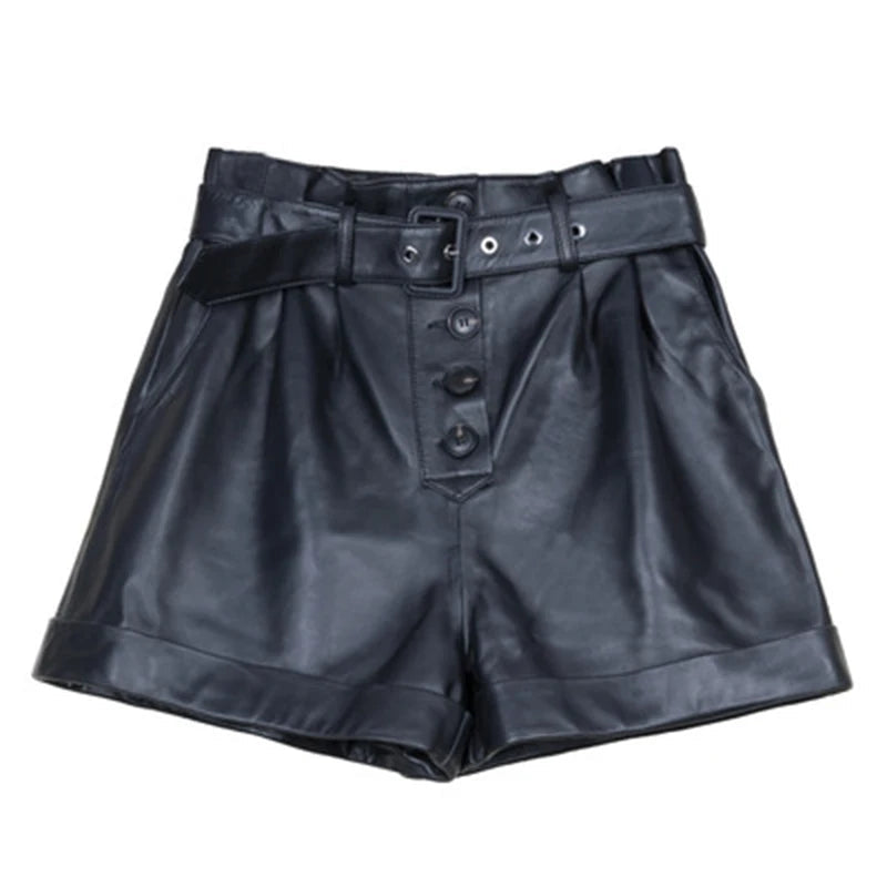 Spring and Autumn New Cotton Sheepskin High Waist Slim Belt Ruffled Genuine Leather Wide Leg Pants Outside Wearing Shorts