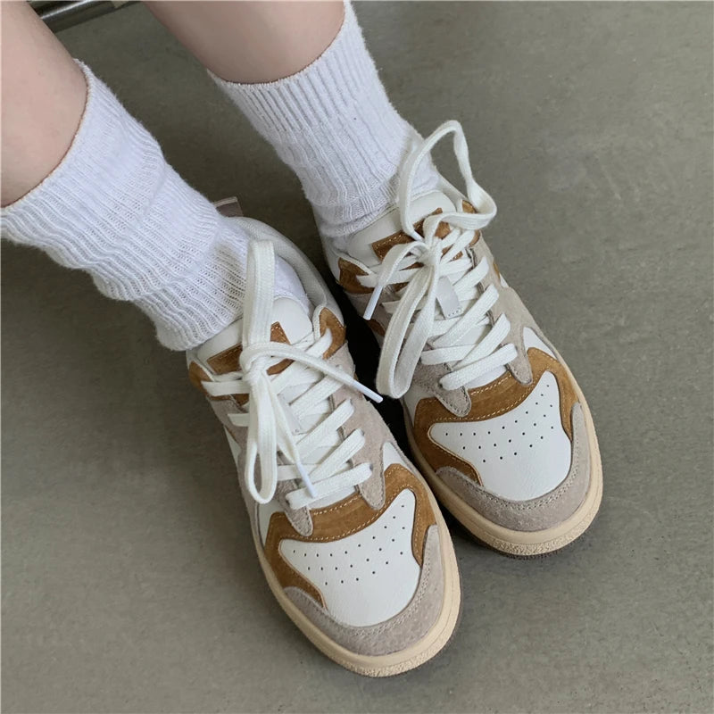 Mixed Colors Cow Suede Leather Sneakers Outdoor Flats Laceup Comfortable Shoes Woman Four Season New