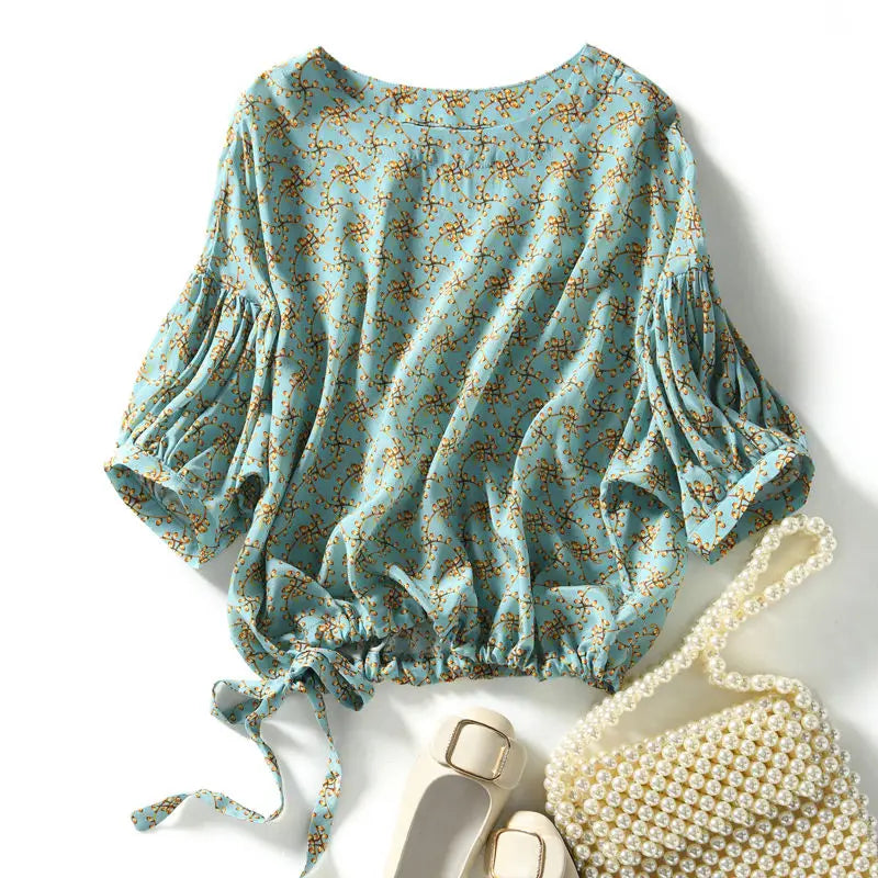 ’s Spring Summer Style Chiffon Blouses Shirt ’s Half Sleeve Printed O-neck Tops Sp224
