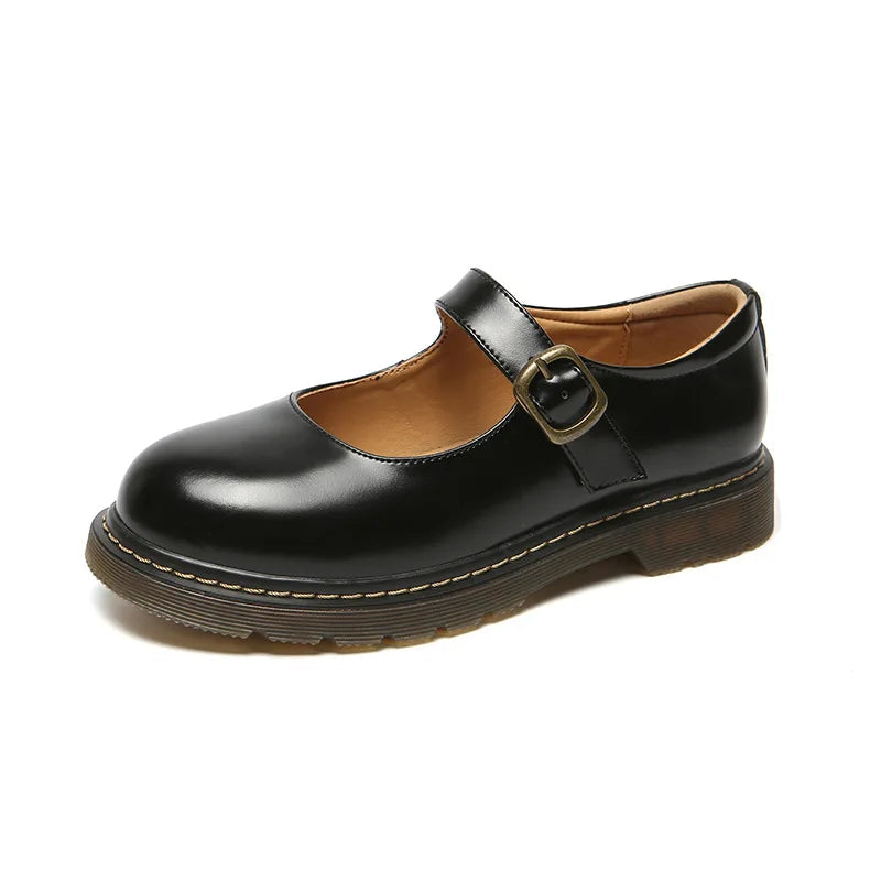New Small Leather Shoes Round Toe Highheeled Retro Leather British College Style Shoes Mary Jane Shoes