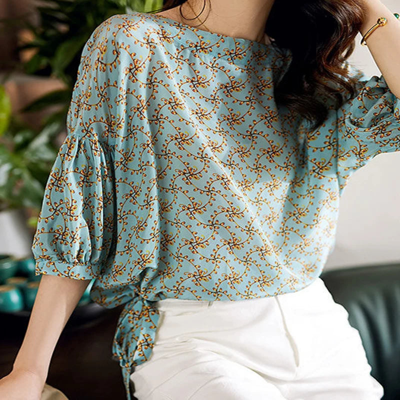 ’s Spring Summer Style Chiffon Blouses Shirt ’s Half Sleeve Printed O-neck Tops Sp224
