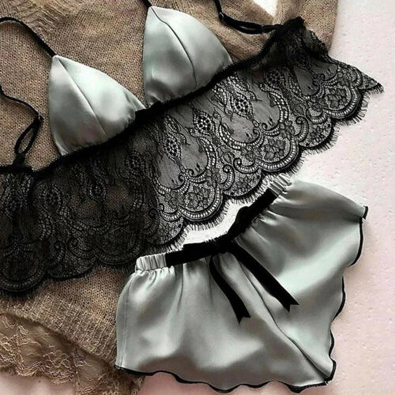 Pajamas Sleepwear Lace Bra Silk Satin Lingerie Crop Tops Bra+shorts Sets V-neck Sleeveless Seamless Nightwear 2pcs