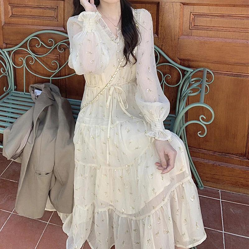 Lace Dress Chiffon Gentle Korean French Vneck Retro Niche Dresses Temperamen Spring Autumn Midi Dress