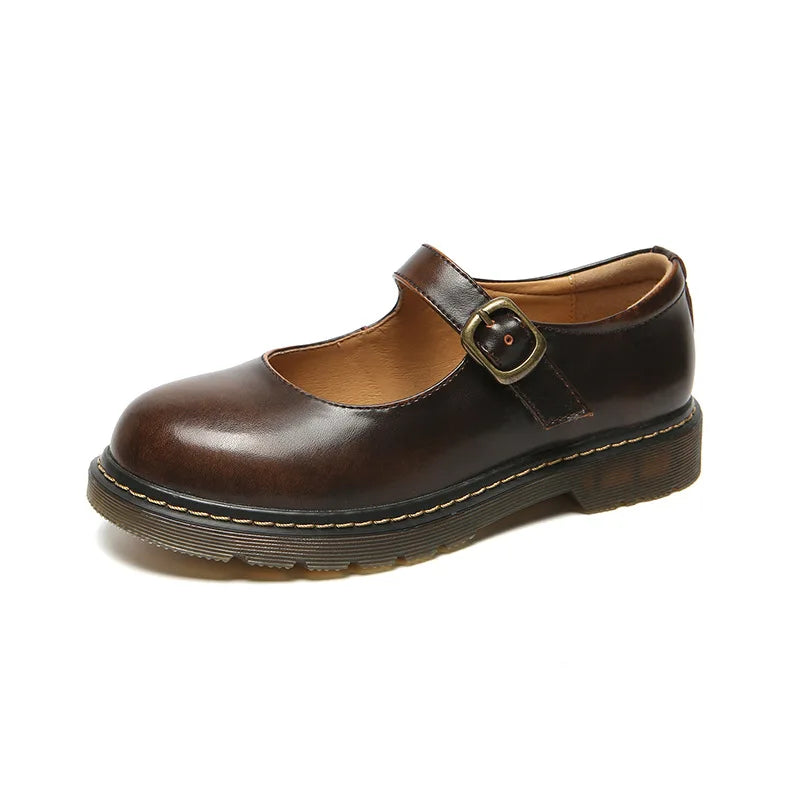 New Small Leather Shoes Round Toe Highheeled Retro Leather British College Style Shoes Mary Jane Shoes