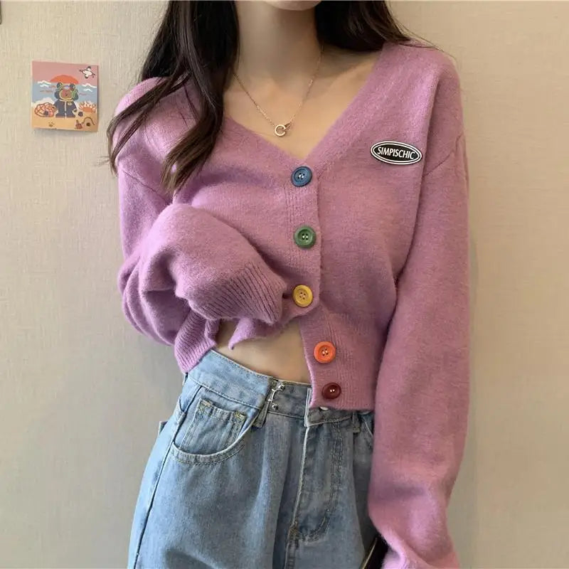 Knit Korean Crop Sweaters Cardigan for Oversize Long Sleeve Top Knitwear Autumn Short Outerwear Clothes V Neck