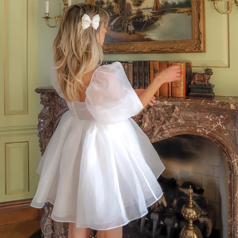 Kawaii Puff Sleeve Tulle Princess Dress Off Shoulder Square Collar Mini Dress Puffy Mesh Party Prom Evening Dress