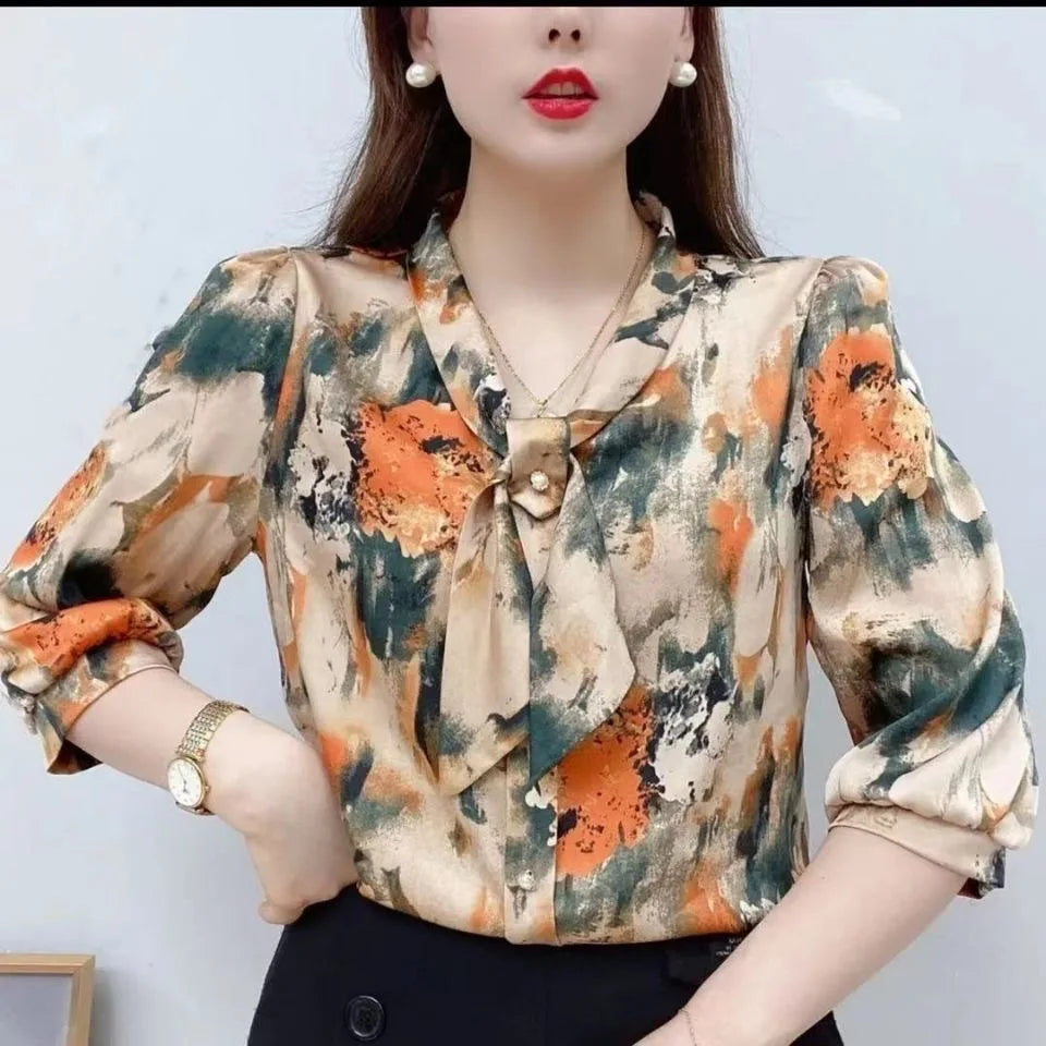 Spring Summer Style Chiffon Blouses Shirts Lady Half Sleeve Bow Tie Collar Printed Blouses Tops Df4198
