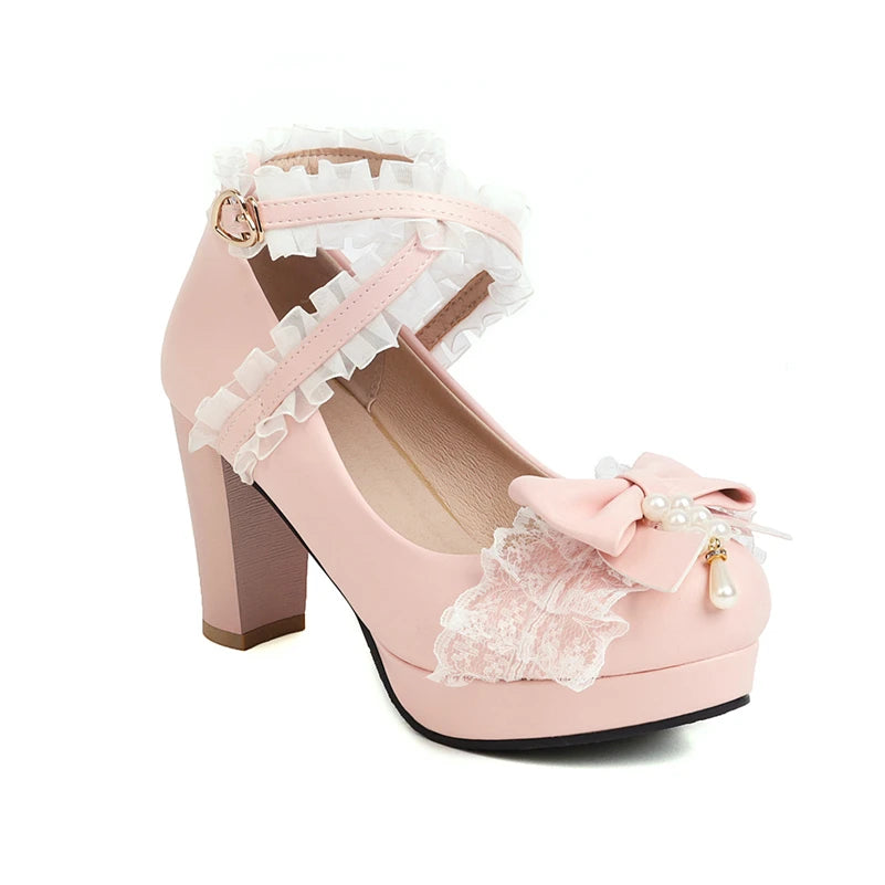 Woman Lolita Style Ankle Strap Shoes Platform Block High Heels Pumps Round Toe Bow Buckle Lady Footwear Spring 46 Blue
