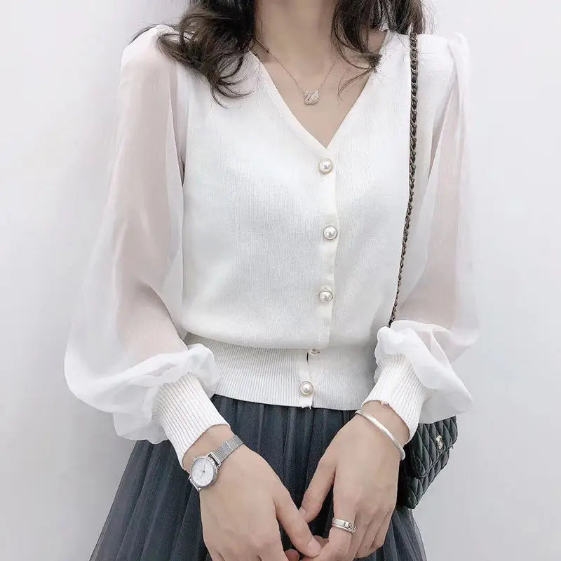 ’s Spring Autumn Style Blouses Shirt ’s Knitted Button Long Sleeve Color Lace Patchwork Tops Sp820