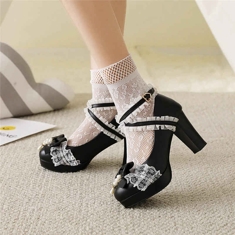 Woman Lolita Style Ankle Strap Shoes Platform Block High Heels Pumps Round Toe Bow Buckle Lady Footwear Spring 46 Blue