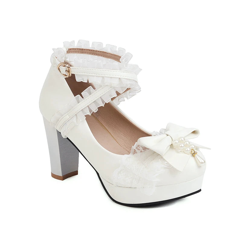 Woman Lolita Style Ankle Strap Shoes Platform Block High Heels Pumps Round Toe Bow Buckle Lady Footwear Spring 46 Blue