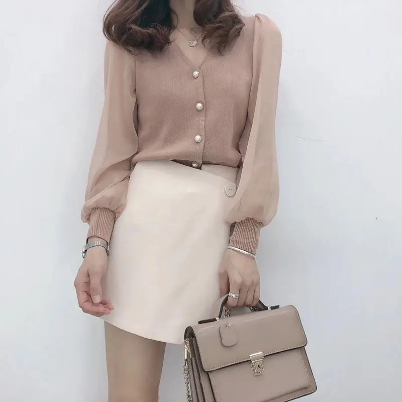 ’s Spring Autumn Style Blouses Shirt ’s Knitted Button Long Sleeve Color Lace Patchwork Tops Sp820