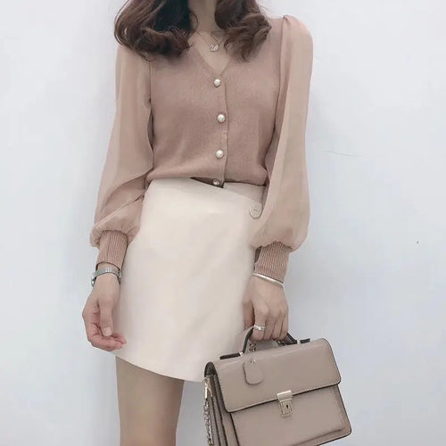 ’s Spring Autumn Style Blouses Shirt ’s Knitted Button Long Sleeve Color Lace Patchwork Tops Sp820