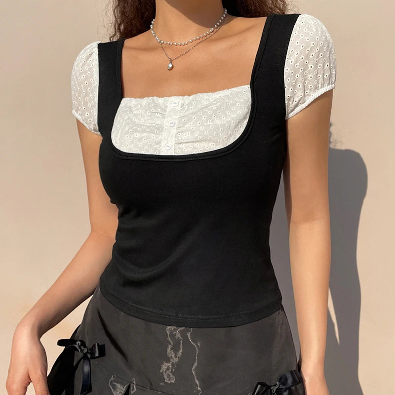 Y2k Patchwork T-shirt Fairy Grunge Kawaii Botton Short Sleeve Tees Preppy Style Harajuku Korean T-shirt