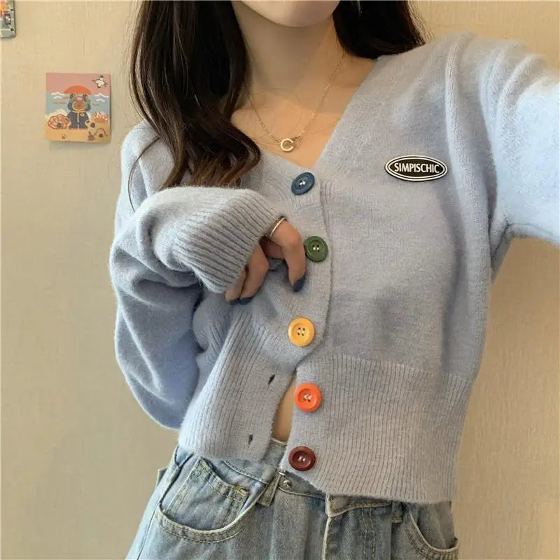 Knit Korean Crop Sweaters Cardigan for Oversize Long Sleeve Top Knitwear Autumn Short Outerwear Clothes V Neck