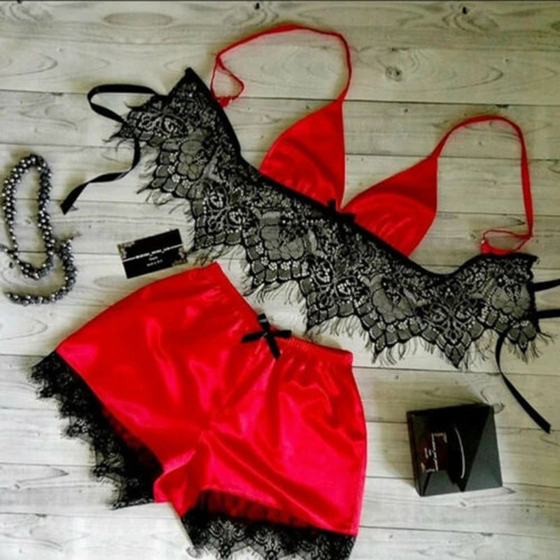 Pajamas Sleepwear Lace Bra Silk Satin Lingerie Crop Tops Bra+shorts Sets V-neck Sleeveless Seamless Nightwear 2pcs