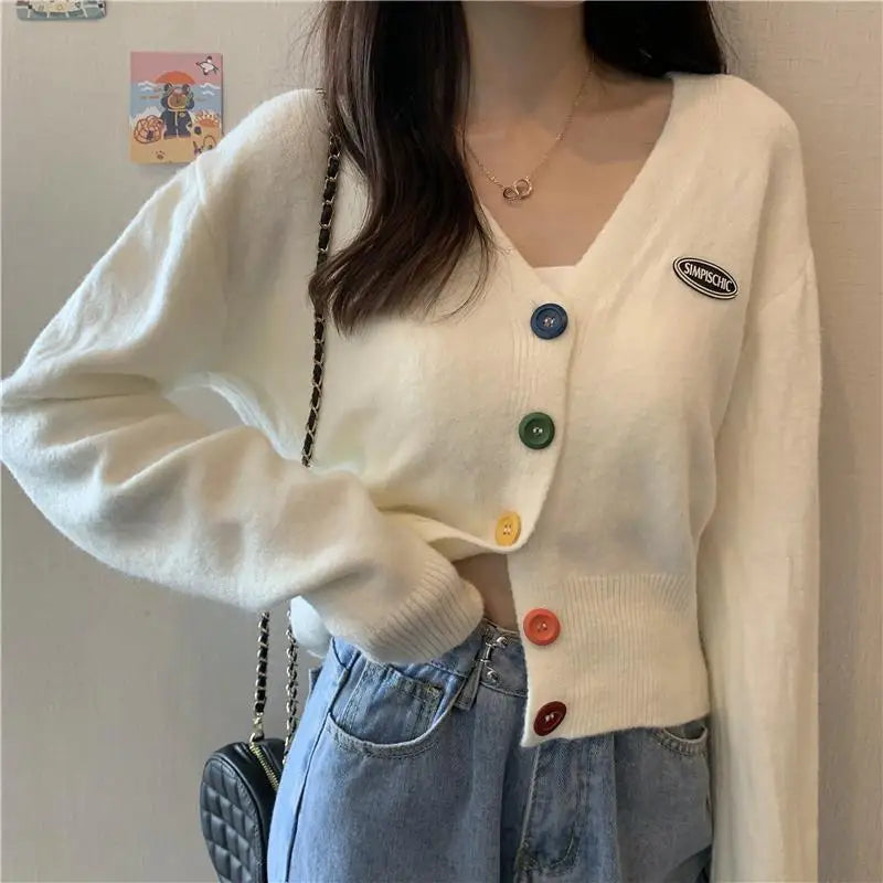 Knit Korean Crop Sweaters Cardigan for Oversize Long Sleeve Top Knitwear Autumn Short Outerwear Clothes V Neck