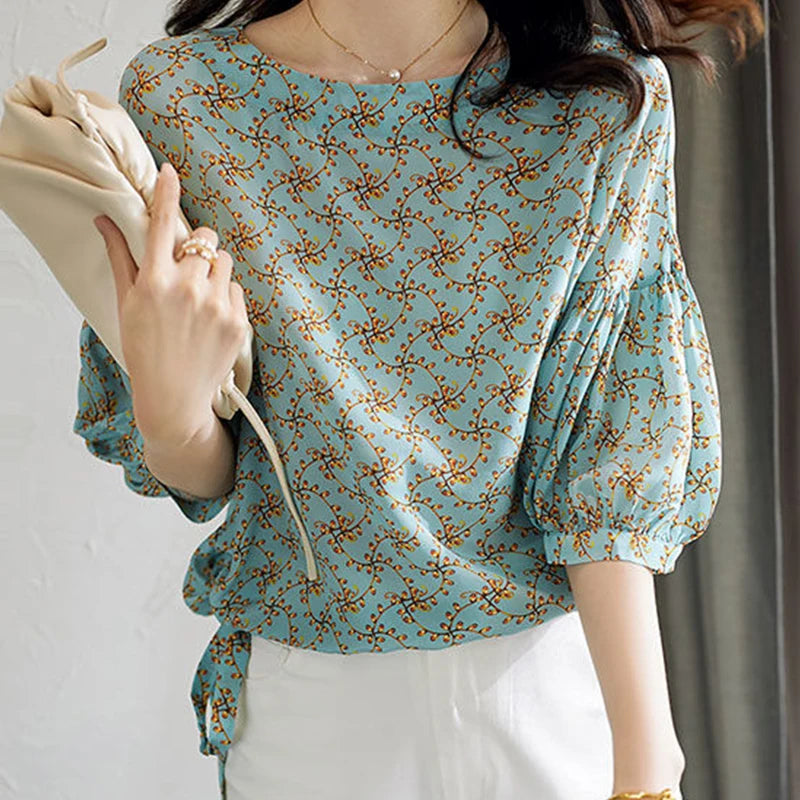 ’s Spring Summer Style Chiffon Blouses Shirt ’s Half Sleeve Printed O-neck Tops Sp224