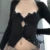 Y2k Lace Trim Black T-shirt Button Low Cut Long Sleeve Slim Fit Crop Top Lady Fairycore Grunge Retro Tees