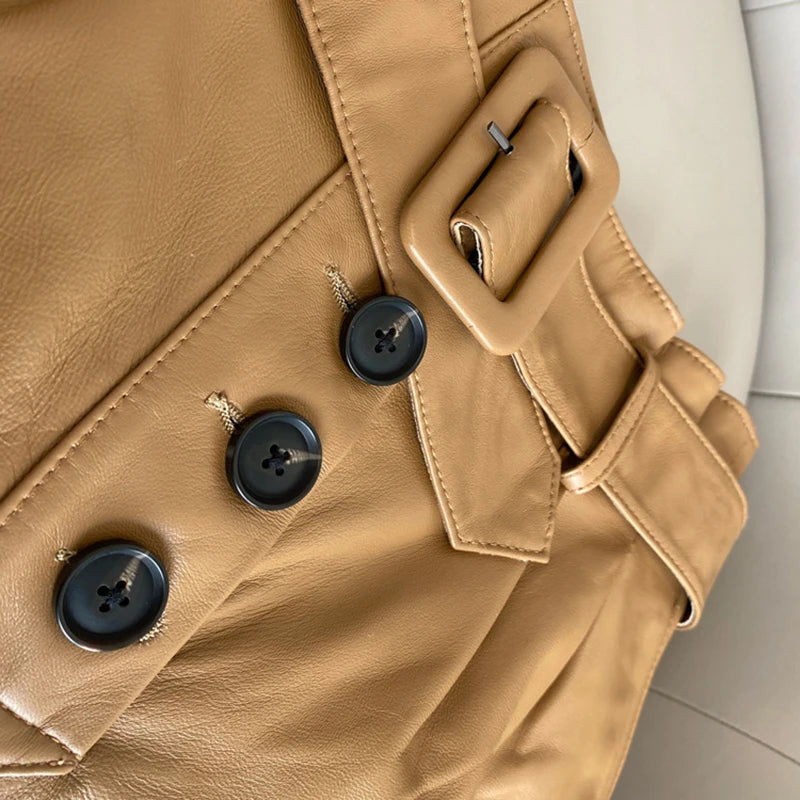 Spring and Autumn New Cotton Sheepskin High Waist Slim Belt Ruffled Genuine Leather Wide Leg Pants Outside Wearing Shorts