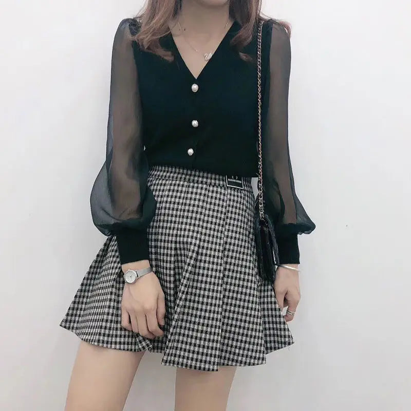 ’s Spring Autumn Style Blouses Shirt ’s Knitted Button Long Sleeve Color Lace Patchwork Tops Sp820