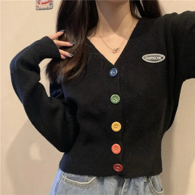 Knit Korean Crop Sweaters Cardigan for Oversize Long Sleeve Top Knitwear Autumn Short Outerwear Clothes V Neck