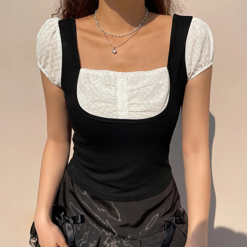 Y2k Patchwork T-shirt Fairy Grunge Kawaii Botton Short Sleeve Tees Preppy Style Harajuku Korean T-shirt