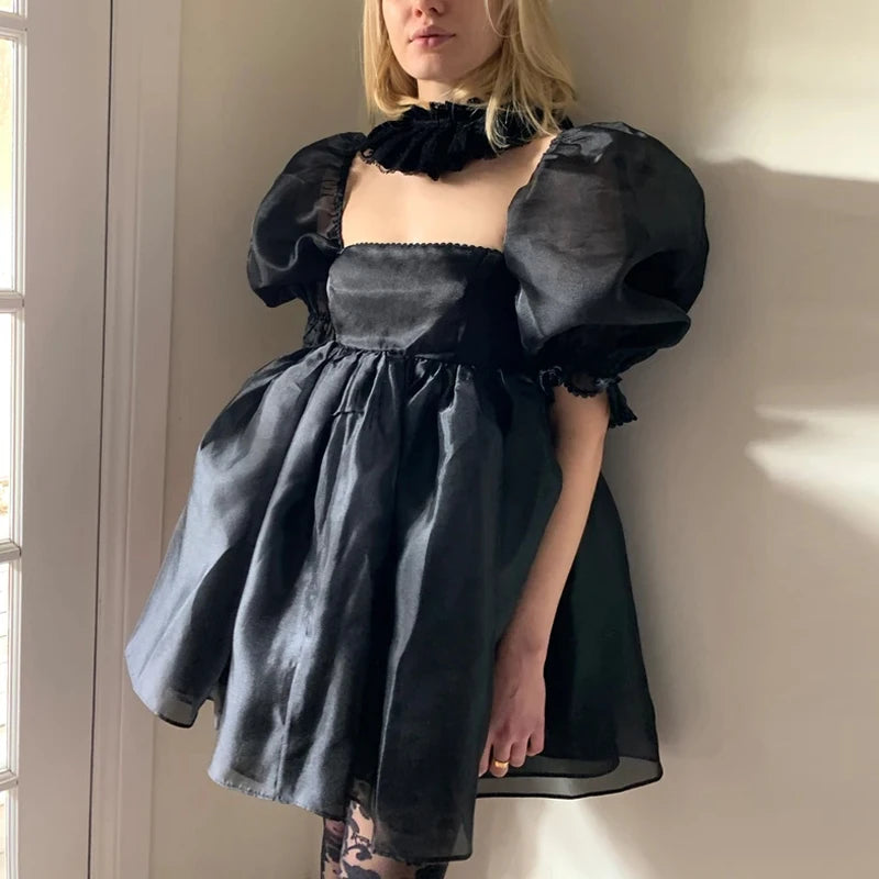 Kawaii Puff Sleeve Tulle Princess Dress Off Shoulder Square Collar Mini Dress Puffy Mesh Party Prom Evening Dress