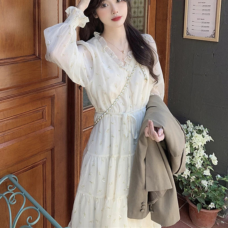 Lace Dress Chiffon Gentle Korean French Vneck Retro Niche Dresses Temperamen Spring Autumn Midi Dress