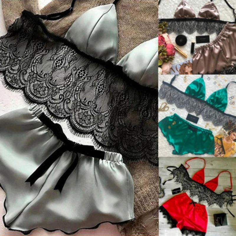 Pajamas Sleepwear Lace Bra Silk Satin Lingerie Crop Tops Bra+shorts Sets V-neck Sleeveless Seamless Nightwear 2pcs