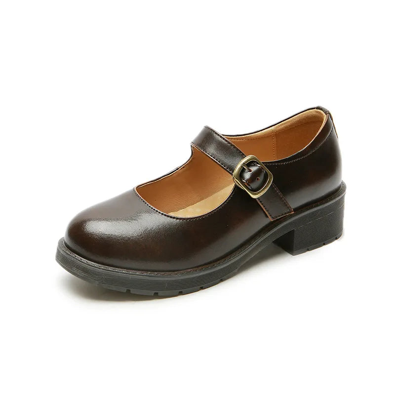 New Small Leather Shoes Round Toe Highheeled Retro Leather British College Style Shoes Mary Jane Shoes